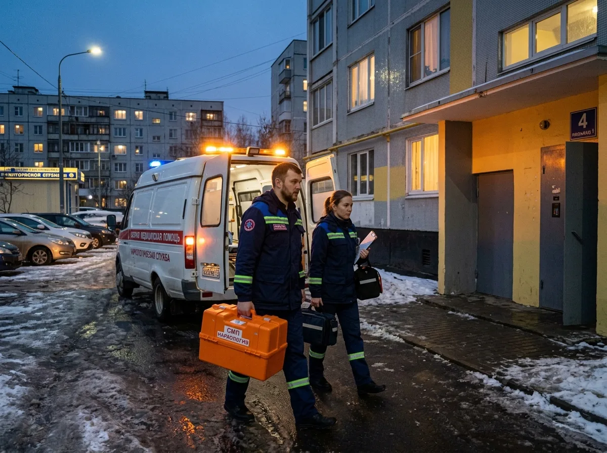 Бригада скорой наркологической помощи прибывает к жилому дому в Москве, врачи с медицинским чемоданом, вечернее время