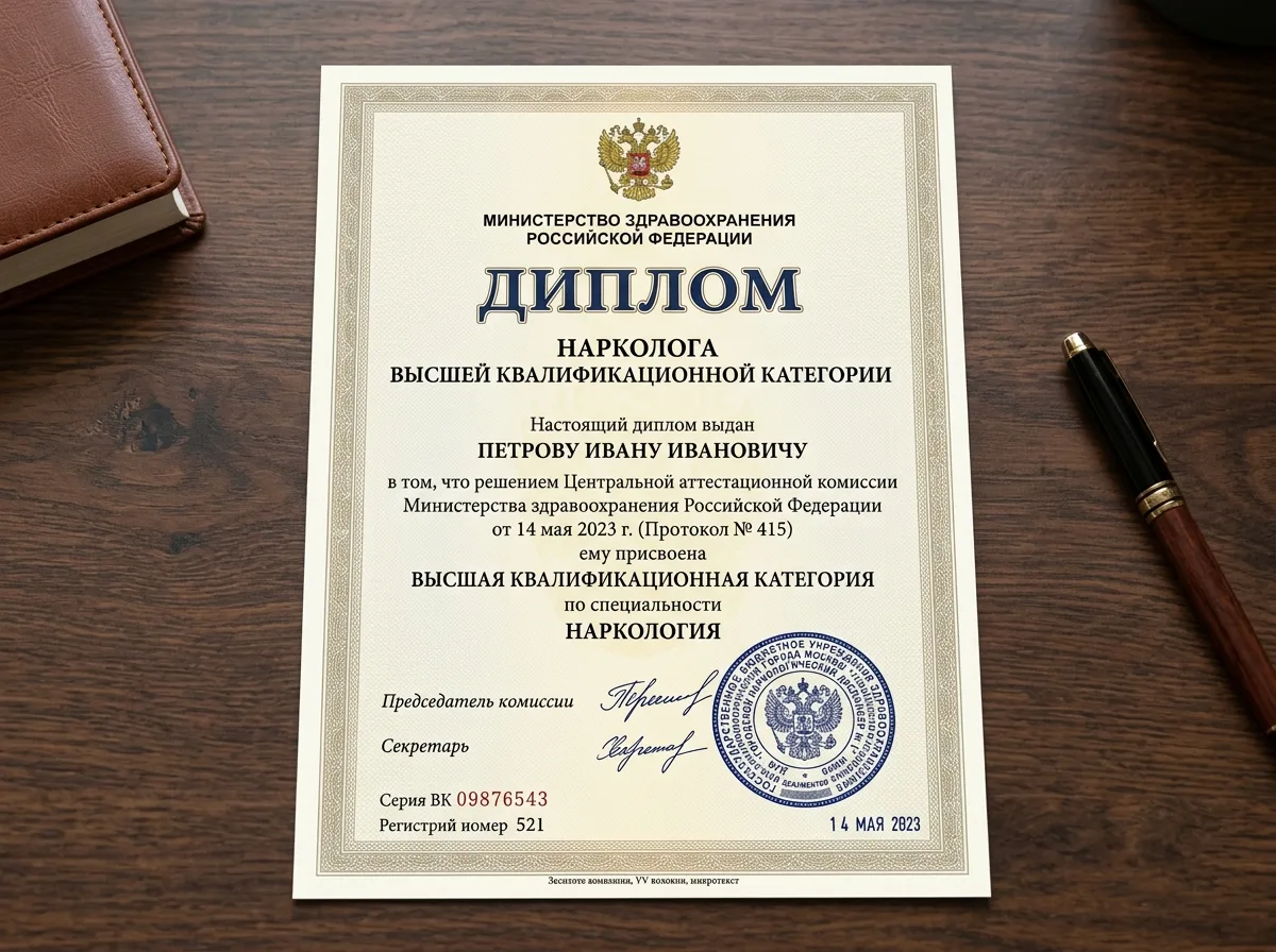 Диплом врача-нарколога высшей квалификационной категории, официальный документ, печать медицинского учреждения